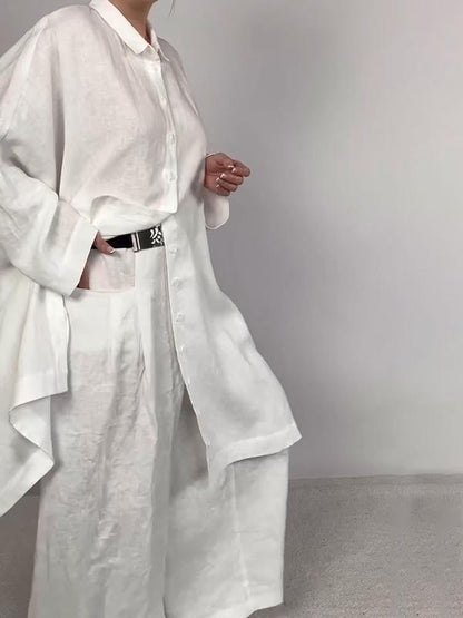 Conjunto Femenino Casual de Camisa Lisa y Pantalones de Dos Piezas