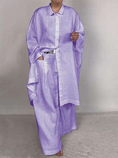 Conjunto Femenino Casual de Camisa Lisa y Pantalones de Dos Piezas