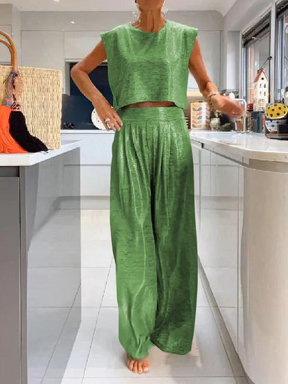 Conjunto Femenino Casual de Chaleco Brillante y Pantalones de Pierna Ancha de Dos Piezas