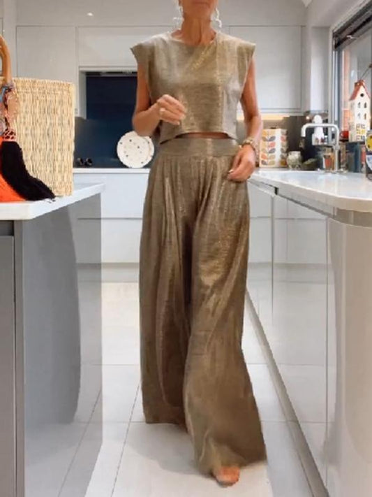 Conjunto Femenino Casual de Chaleco Brillante y Pantalones de Pierna Ancha de Dos Piezas