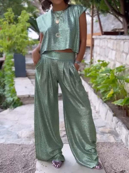 Conjunto Femenino Casual de Chaleco Brillante y Pantalones de Pierna Ancha de Dos Piezas