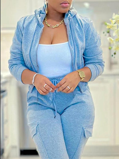 Conjunto Femenino Casual de Chaqueta con Cremallera y Cordón y Pantalones Cargo con Múltiples Bolsillos