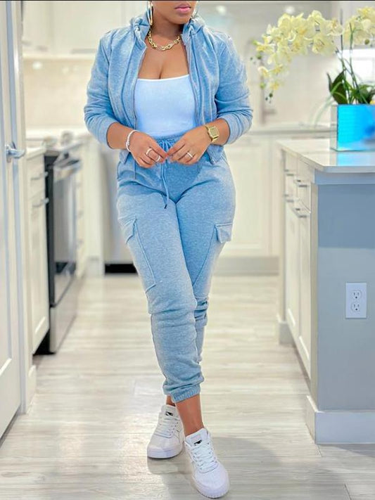 Conjunto Femenino Casual de Chaqueta con Cremallera y Cordón y Pantalones Cargo con Múltiples Bolsillos