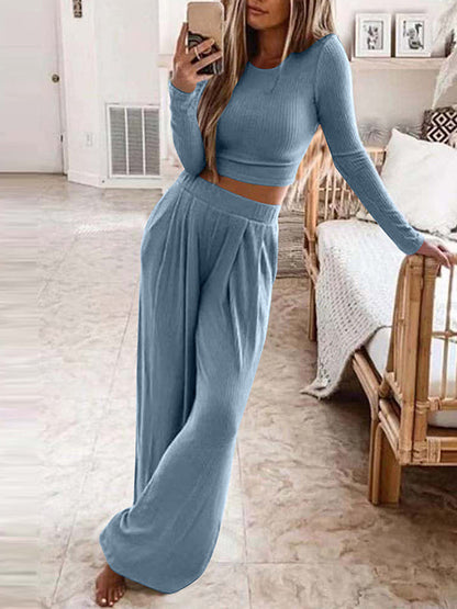 Conjunto Femenino Casual de Malha para Casa de Color Sólido y Dos Piezas