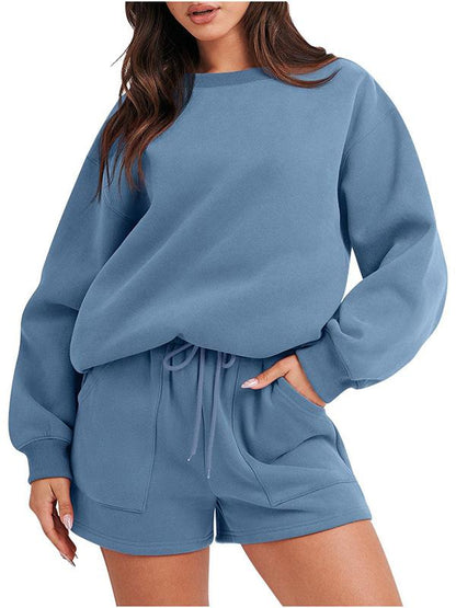 Conjunto Femenino Casual de Top con Manga Larga y Shorts con Cuello Redondo