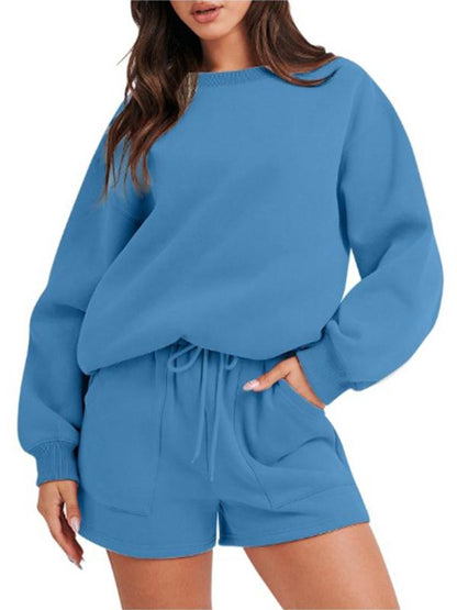 Conjunto Femenino Casual de Top con Manga Larga y Shorts con Cuello Redondo
