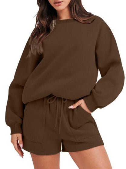 Conjunto Femenino Casual de Top con Manga Larga y Shorts con Cuello Redondo