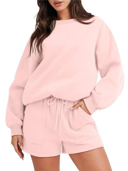 Conjunto Femenino Casual de Top con Manga Larga y Shorts con Cuello Redondo