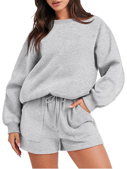Conjunto Femenino Casual de Top con Manga Larga y Shorts con Cuello Redondo