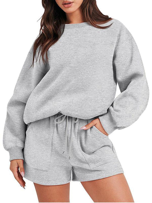 Conjunto Femenino Casual de Top con Manga Larga y Shorts con Cuello Redondo