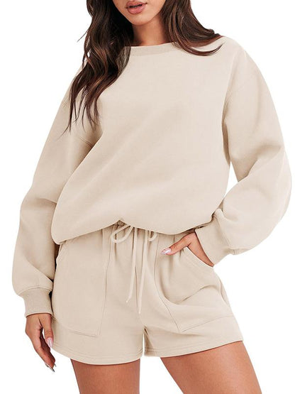 Conjunto Femenino Casual de Top con Manga Larga y Shorts con Cuello Redondo