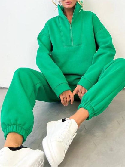 Conjunto Femenino Casual Deportivo de Dos Piezas con Cremallera y Cuello Alto y Manga Larga