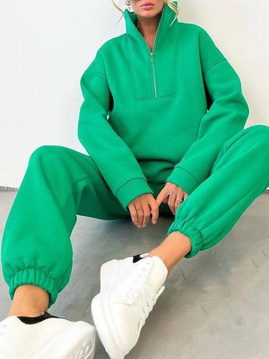 Conjunto Femenino Casual Deportivo de Dos Piezas con Cremallera y Cuello Alto y Manga Larga