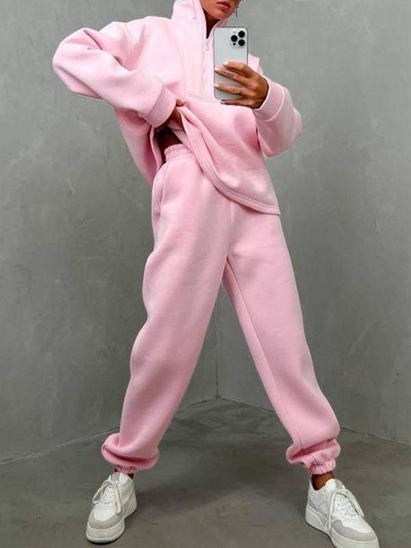 Conjunto Femenino Casual Deportivo de Dos Piezas con Cremallera y Cuello Alto y Manga Larga