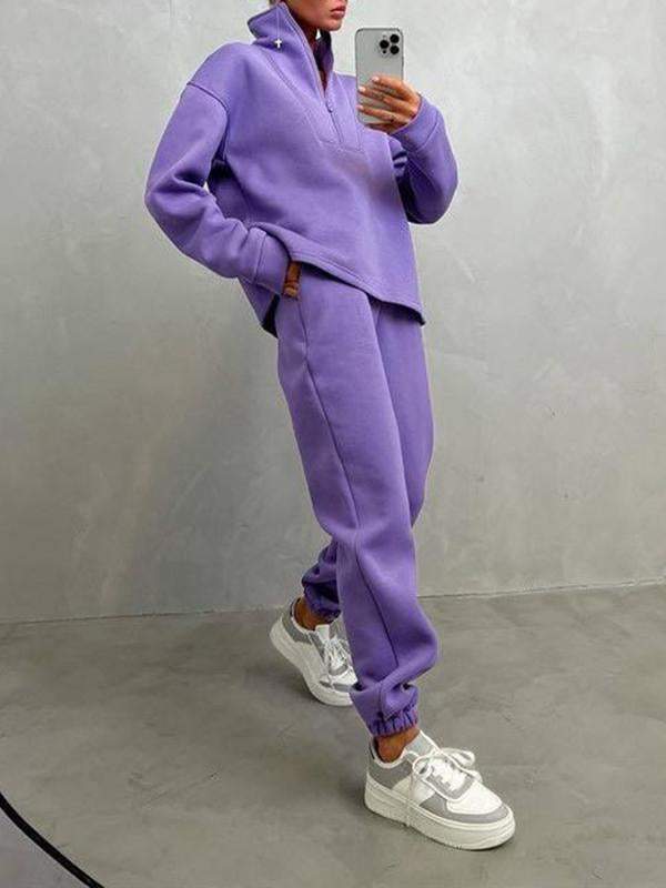 Conjunto Femenino Casual Deportivo de Dos Piezas con Cremallera y Cuello Alto y Manga Larga