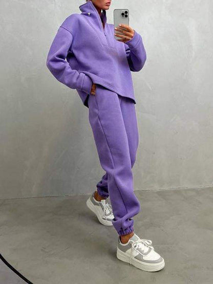 Conjunto Femenino Casual Deportivo de Dos Piezas con Cremallera y Cuello Alto y Manga Larga