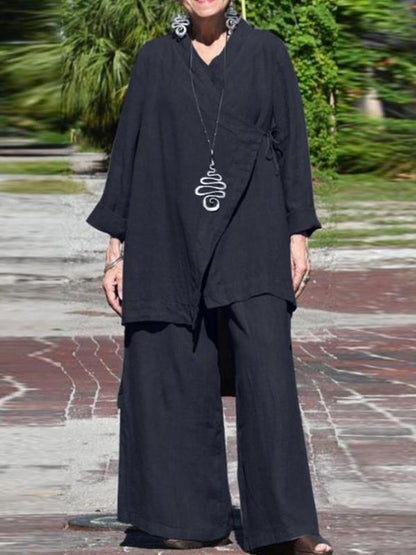 Conjunto Femenino Casual Suelto con Escote en V y Camisa de Manga Larga y Pantalones de Pierna Ancha