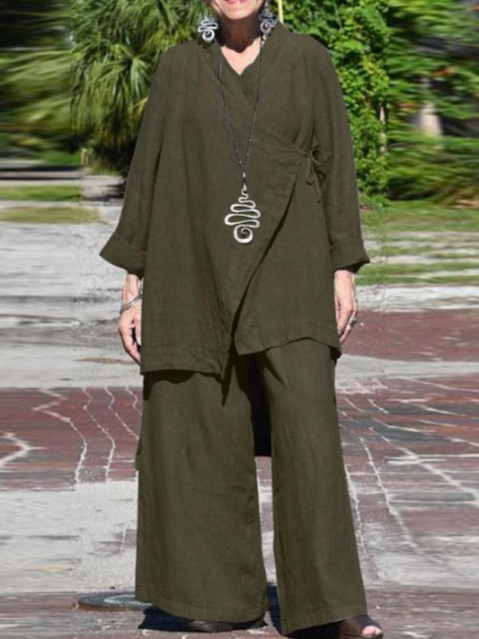 Conjunto Femenino Casual Suelto con Escote en V y Camisa de Manga Larga y Pantalones de Pierna Ancha