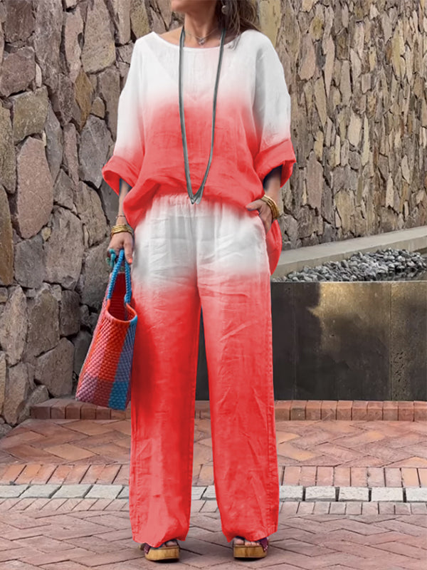 Conjunto Femenino de Algodón y Lino con Gradiente de Dos Piezas