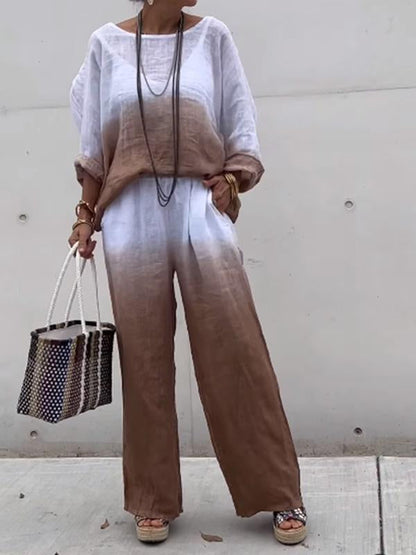 Conjunto Femenino de Algodón y Lino con Gradiente de Dos Piezas