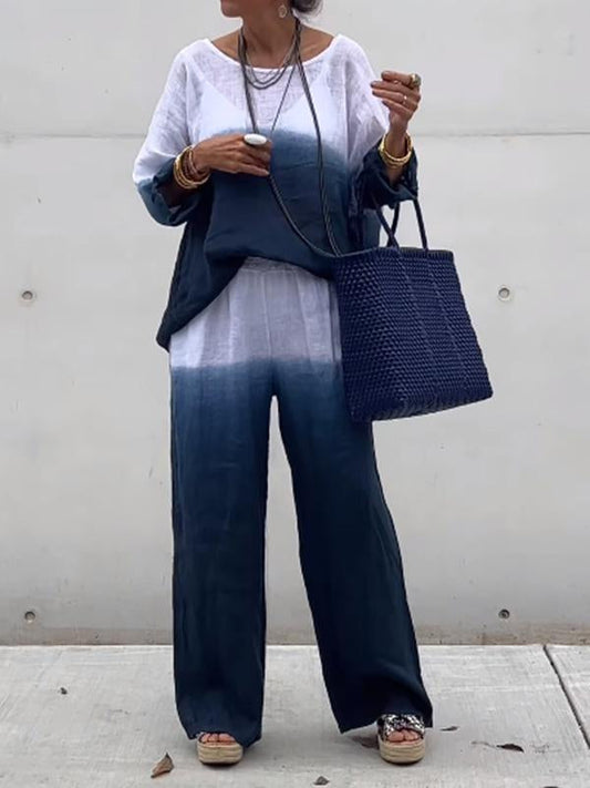 Conjunto Femenino de Algodón y Lino con Gradiente de Dos Piezas