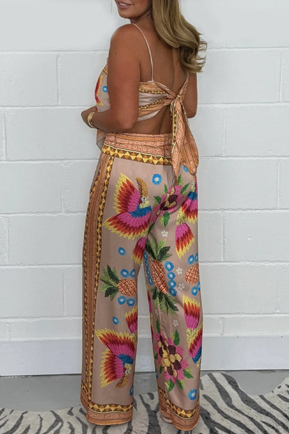 Conjunto Femenino de Pantalón y Pañuelo con Estampado de Loro