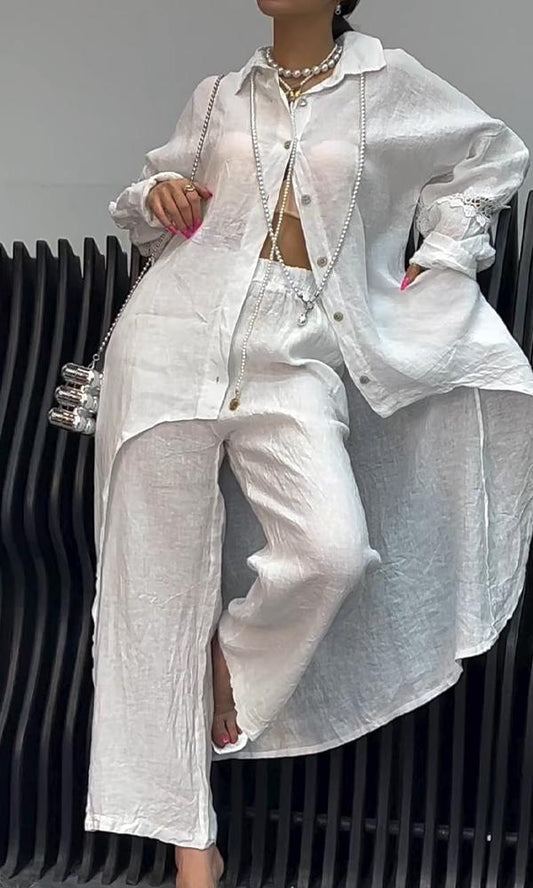 Conjunto Femenino de Camisa con Corte en la Espalda y Pantalones de Lino de Dos Piezas