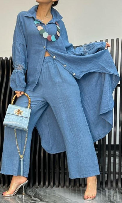 Conjunto Femenino de Camisa con Corte en la Espalda y Pantalones de Lino de Dos Piezas