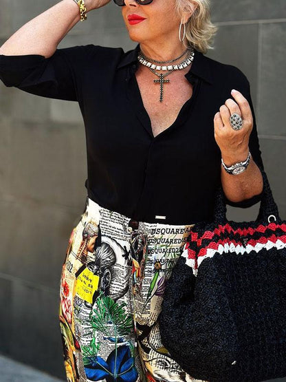 Conjunto Femenino de Camisa de Color Sólido con Escote en V y Pantalones Estampados de Dos Piezas
