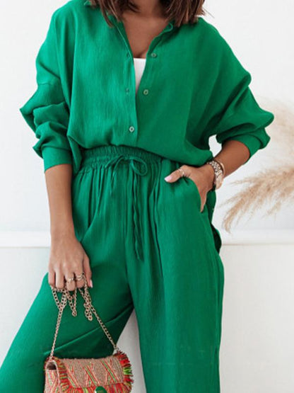 Conjunto Femenino de Camisa Larga con Manga Larga y Pantalones de Pierna Ancha con Elástico