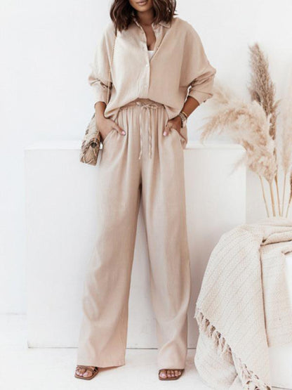Conjunto Femenino de Camisa Larga con Manga Larga y Pantalones de Pierna Ancha con Elástico