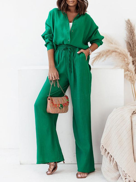 Conjunto Femenino de Camisa Larga con Manga Larga y Pantalones de Pierna Ancha con Elástico