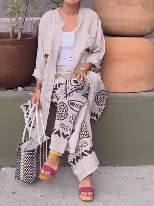 Conjunto Femenino de Cárdigan de Algodón y Lino + Pantalones de Pierna Ancha de Dos Piezas