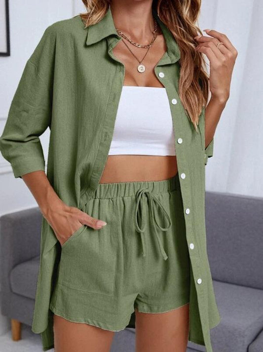 Conjunto Femenino de Cárdigan de Color Sólido con Botones y Camisa de Hombros Caídos
