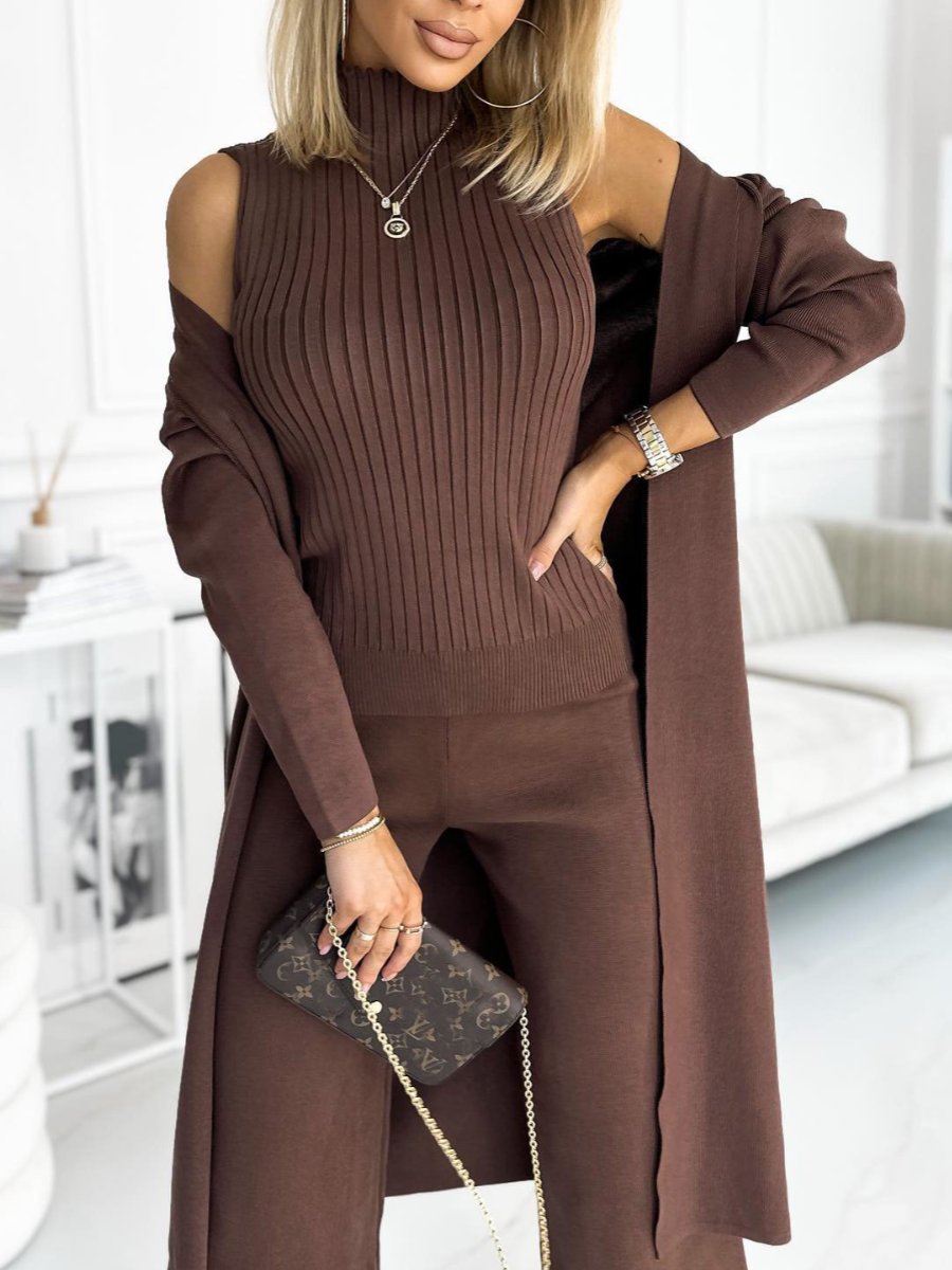 Conjunto Femenino de Cárdigan de Color Sólido con Camiseta y Pantalones de 3 Piezas