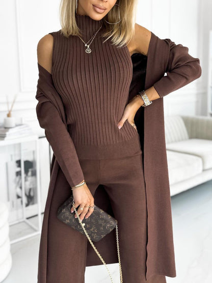 Conjunto Femenino de Cárdigan de Color Sólido con Camiseta y Pantalones de 3 Piezas