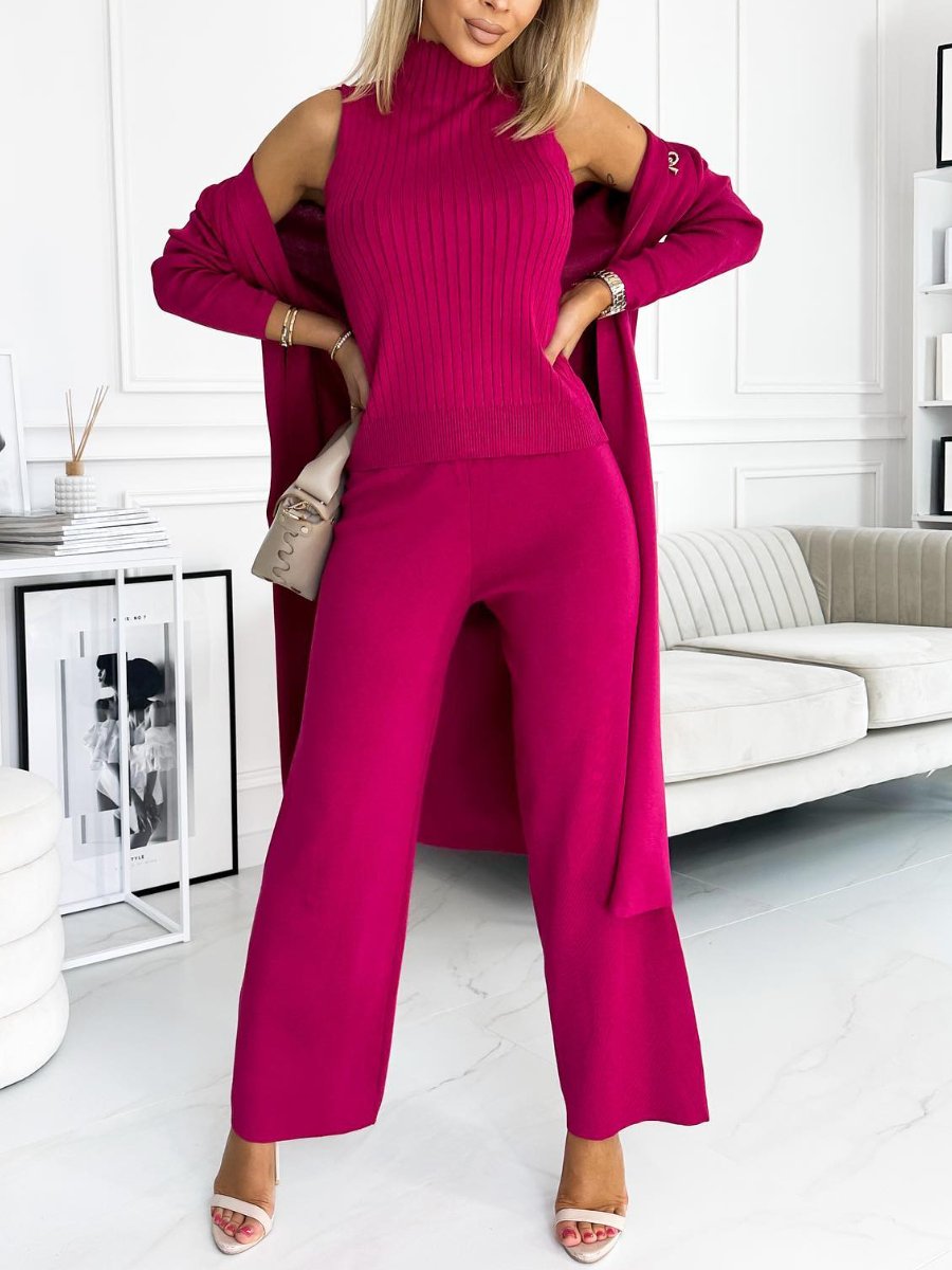 Conjunto Femenino de Cárdigan de Color Sólido con Camiseta y Pantalones de 3 Piezas