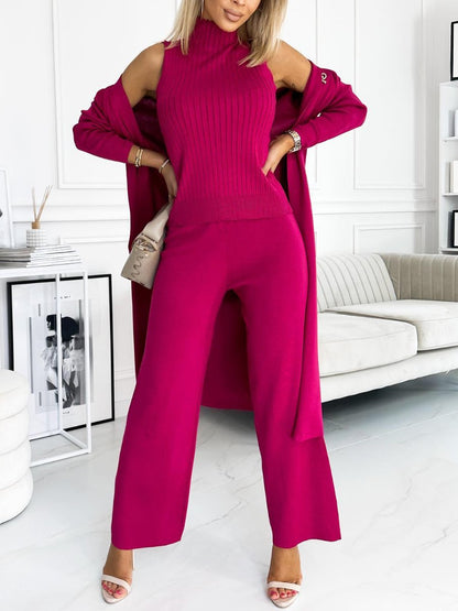 Conjunto Femenino de Cárdigan de Color Sólido con Camiseta y Pantalones de 3 Piezas