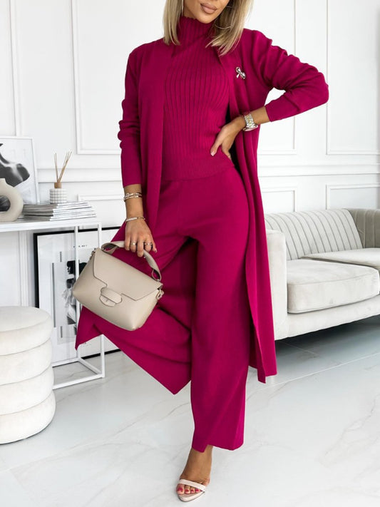 Conjunto Femenino de Cárdigan de Color Sólido con Camiseta y Pantalones de 3 Piezas