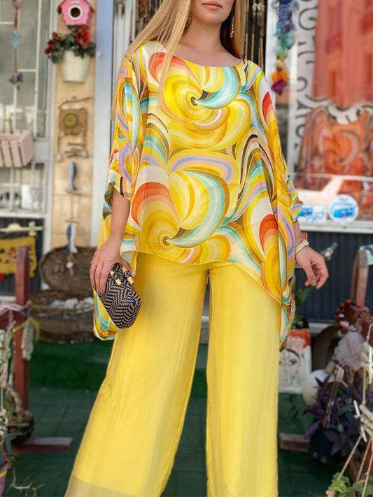 Conjunto Femenino de Chiffon Colorido con Estampado de Verano, Cuello Redondo y Dos Piezas