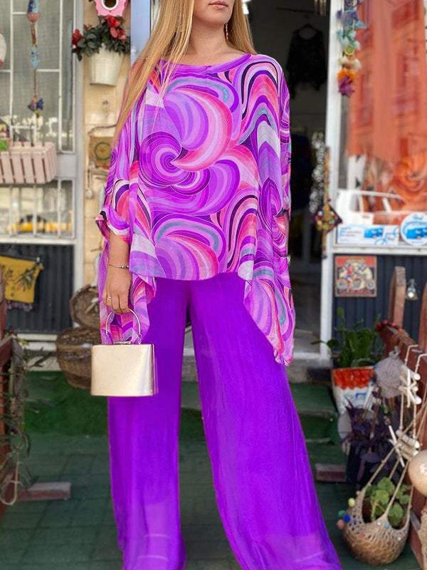 Conjunto Femenino de Chiffon Colorido con Estampado de Verano, Cuello Redondo y Dos Piezas