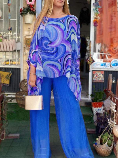 Conjunto Femenino de Chiffon Colorido con Estampado de Verano, Cuello Redondo y Dos Piezas