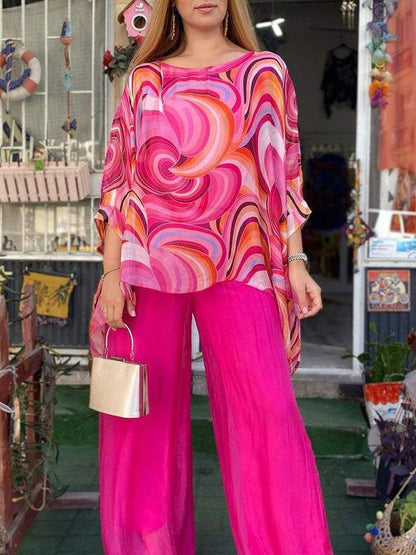 Conjunto Femenino de Chiffon Colorido con Estampado de Verano, Cuello Redondo y Dos Piezas