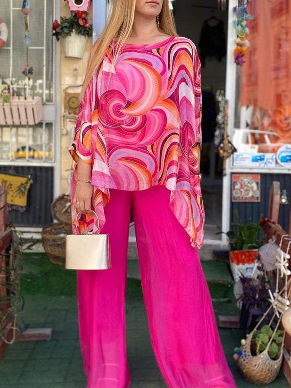 Conjunto Femenino de Chiffon Colorido con Estampado de Verano, Cuello Redondo y Dos Piezas