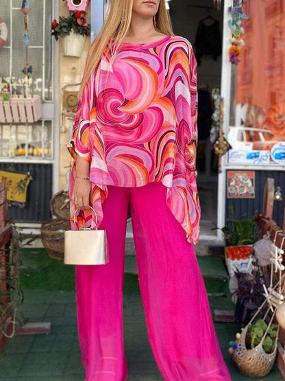 Conjunto Femenino de Chiffon Colorido con Estampado de Verano, Cuello Redondo y Dos Piezas