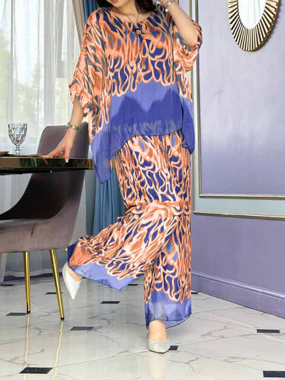 Conjunto Femenino de Chiffon Estampado con Cuello Redondo