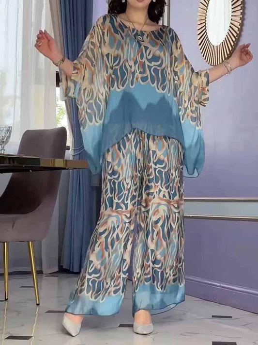 Conjunto Femenino de Chiffon Estampado con Cuello Redondo