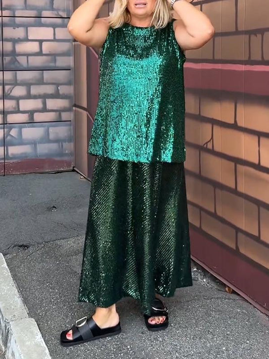 Conjunto Femenino de Fiesta con Lentejuelas sin Mangas y Cuello Redondo de Dos Piezas
