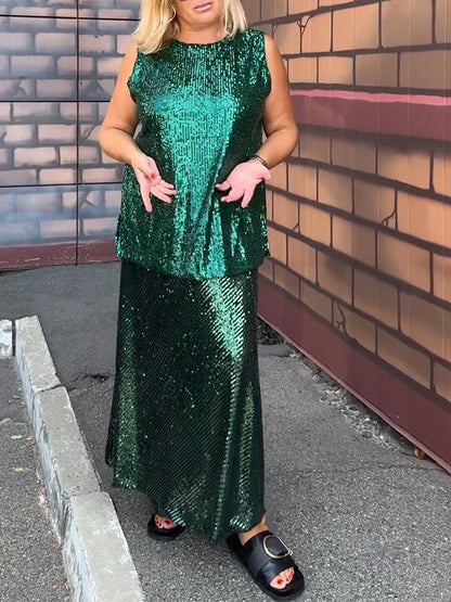Conjunto Femenino de Fiesta con Lentejuelas sin Mangas y Cuello Redondo de Dos Piezas