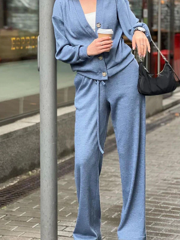Conjunto Femenino de Chaqueta de Punto con Botones y Pantalones de Dos Piezas
